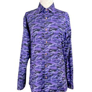 Jared Lang Tessuto Italiano Button Down Dress Shirt Purple Camouflage Men's Larg